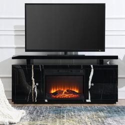 TV Stand w/Fireplace Black Mirrored Finish Composite Wood, Tempered Glass, Firecore