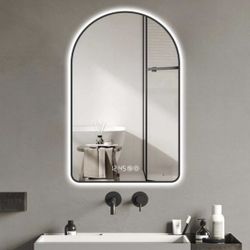 28 in. W x 48 in. H Black Framed Arched LED Bathroom Mirror Wall Mounted Vanity Mirror with Time and Temperature Display