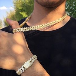 Full Ice Out Cuban Link Set 16MM Gold Plated 14k Doesn't Loses Color 