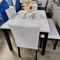 Beautiful! 5-pc Dining Table Set White Faux Marble Table Top