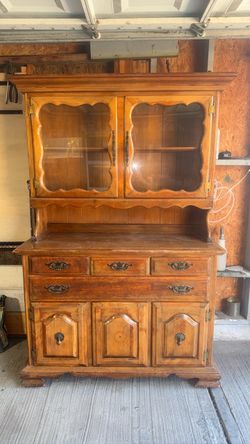 vintage two-piece wooden hutch