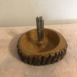 Vintage Wood Bark Nut Bowl With Nut Cracker & 3 Picks 