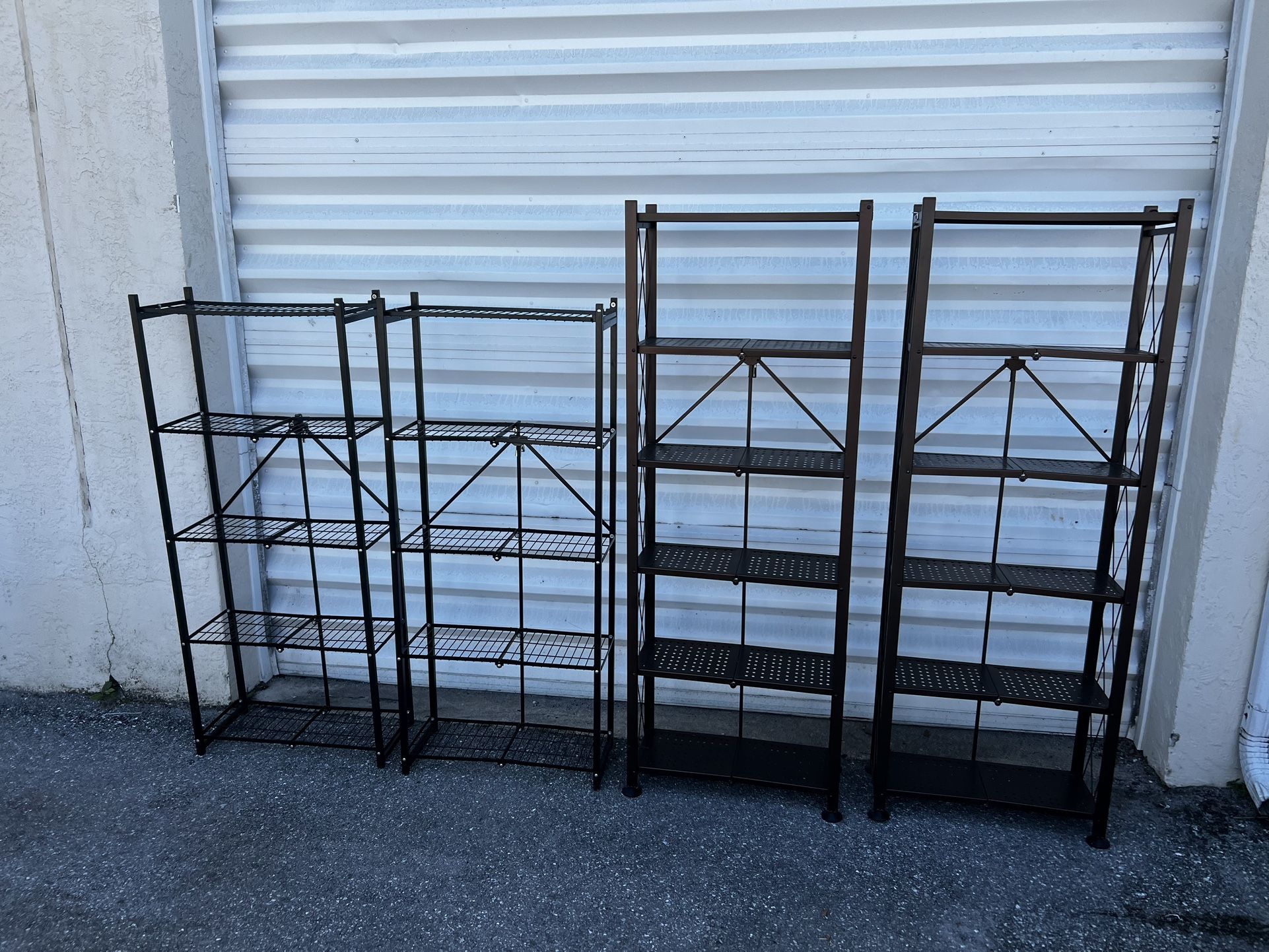 Origami Foldable Collapsible Indoor Outdoor Plant Rack or Baker’s Rack Storage Shelf Shelves! Great condition!  Bronze 24x11x66in $75 each  Black 24x1