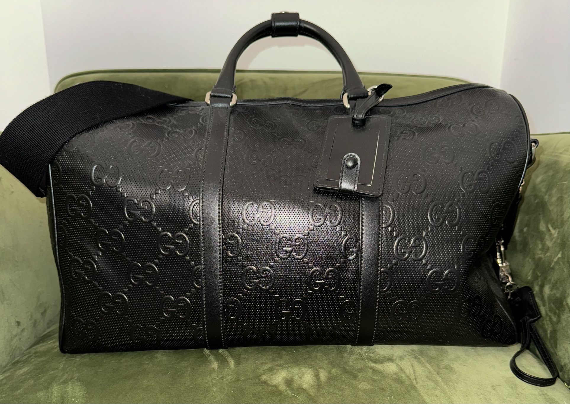 Gucci Calfskin GG Tennis Embossed Duffle Bag Black