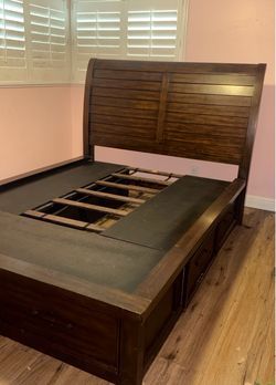 Queen Dark Wood Sleigh Bed Frame with 6 Storage Drawers