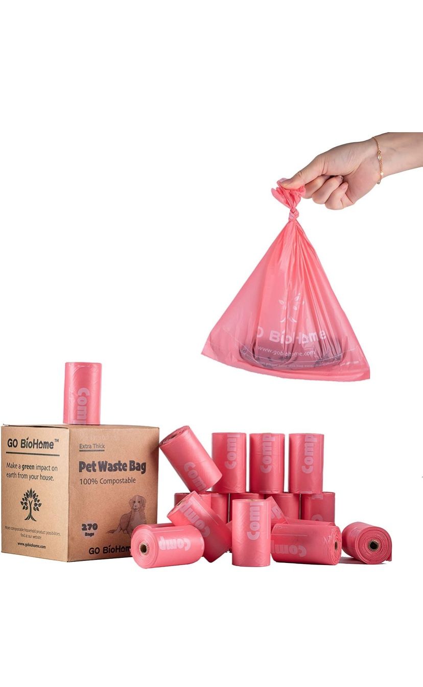 Go BioHome Compostable Pet Waste Bags | 26 Rolls/390 Count,Cornstarch Based | Extra Thicker, Leak Proof, Unscented | (270-Pink +120-pink)