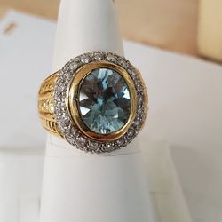 18karat Solid Gold Ring Blue Topaz And 1carat Diamonds 