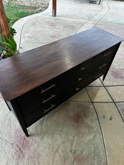 Mid-Century Modern Wood Dresser with Gold Handles