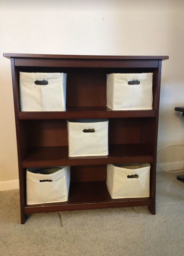 Bookcase wood finish with 3 shelf and 5 fabric storage bins, 34”x32”