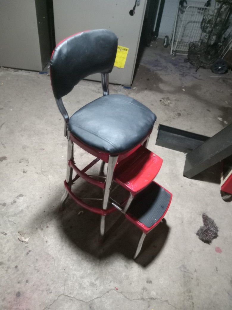 Vintage Cosco Metal Chair. Red with Black Leather Seat and Back. One of a Kind.