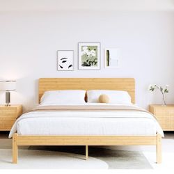 BOSRII 14in High Solid Bamboo Wood Platform King Size Bed Frame with Headboard, Reinforced Heavy Duty Metal Slats, Noise Free, No Box Spring Needed, E