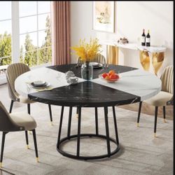 47" Round Dining Table with Metal Pedestal Base – Seats 4-6, Walnut Finish