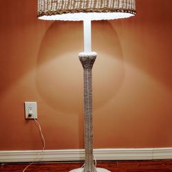 Vintage 1960s Wicker Floor Lamp With Dome Mushroom Shaped Lampshade in White