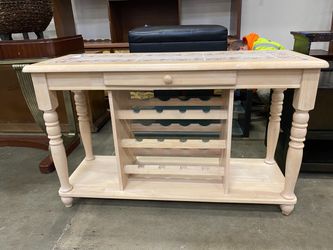 Wood and Tile Farmhouse Style Kitchen Island with Wine Rack