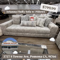 Arianna Beige Sofa – Fluffy Fabric w/ Pillows, Floor Display $799.99