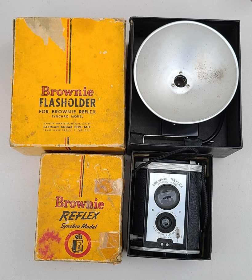 Vintage Kodak Brownie Reflex Synchro Model Camera AND Flashholder Original  Box Retro Vintage Eastman Kodak PhotographyNo idea if it works or no