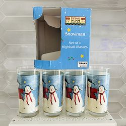 New in box vintage Debbie Mumm Sakura/Oneida Snowman Highball Glasses Set Of 4, 16 Oz- Made in USA Unused in original box  