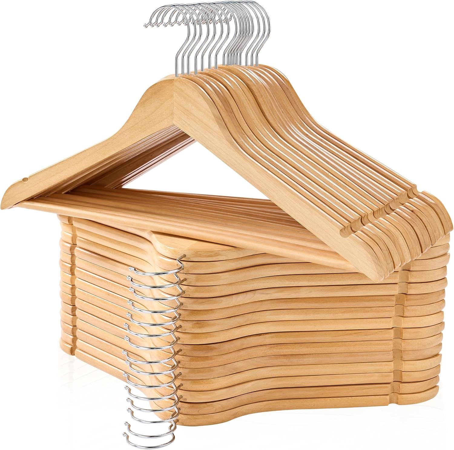 Wooden Hangers 30 Pack, Smooth Wood Hangers w/ 360 Swivel Hook & Notches-Natural
