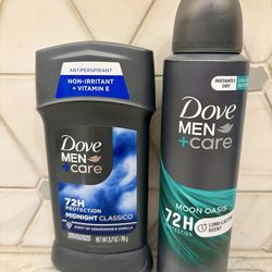 Dove Men+Care antiperspirant set. Includes one stick, Midnight Classico scent, 2.7 oz. Also has one dry spray, Moon Oasis scent, 3.8 oz.