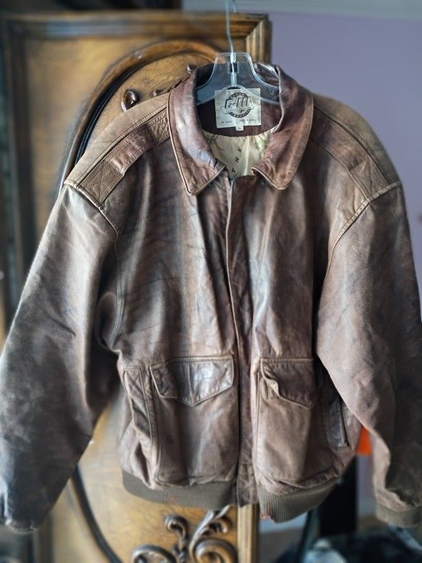 Large Chocolate Korean Leather Jackets Pre-owned Lining Has Torn Bottom Of Jacket Burn