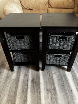 Pair of Dark Wood End Tables / Nightstands with Storage Baskets – $60