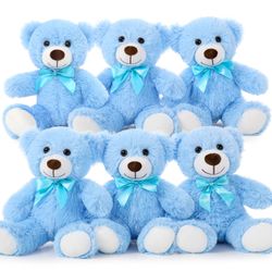 MorisMos 6Pcs Teddy Bears Bulk Baby Shower, 14inch Cute Teddy Bear Stuffed Animals Plush, Small Stuffed Bears On Centerpiece Baby Shower, Blue 