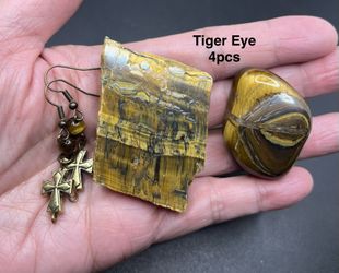 Tiger Eye Genuine Stone Earrings, Polished Stone, & Slab Set 4pcs