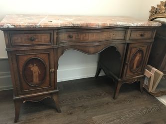 Antique wood desk with inlay and marble top