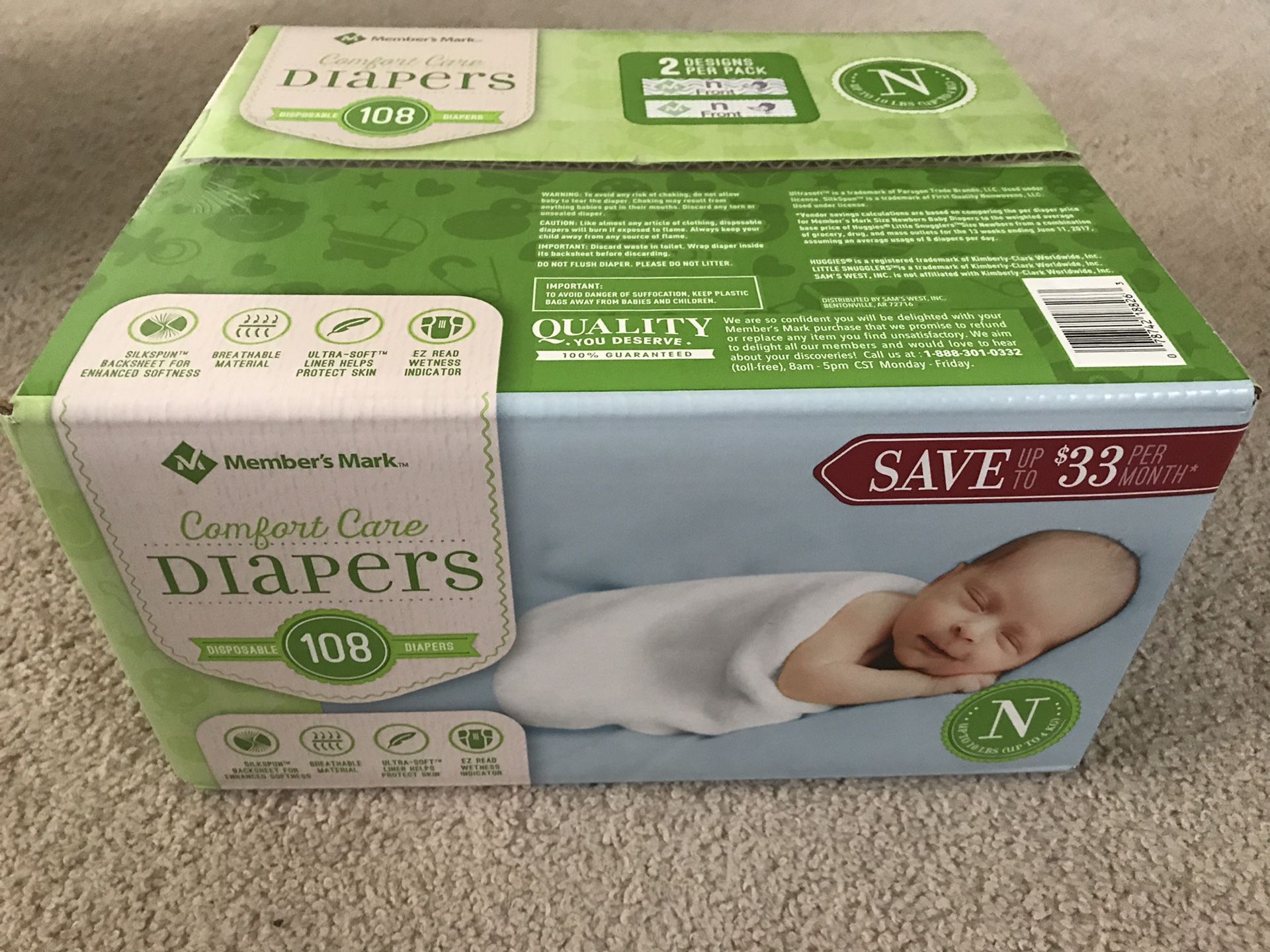 Comfort Care Diapers ( up to 10 lbs) Newborns 108 counts