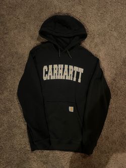 Black Carhartt hoodie with beige arched lettering
