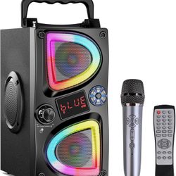 NEW Bluetooth Speaker, 60W(Peak) Wireless Portable Small Home Party Speakers with Double Subwoofer Deep Bass, Microphone, FM Radio, Lights, Remote, 80