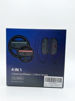 Switch 2 Steering Wheels and Wrist Straps for Switch 2 Joycon Controller, Controller Attachment for Switch 2 Accessories, Black & 4 Pack