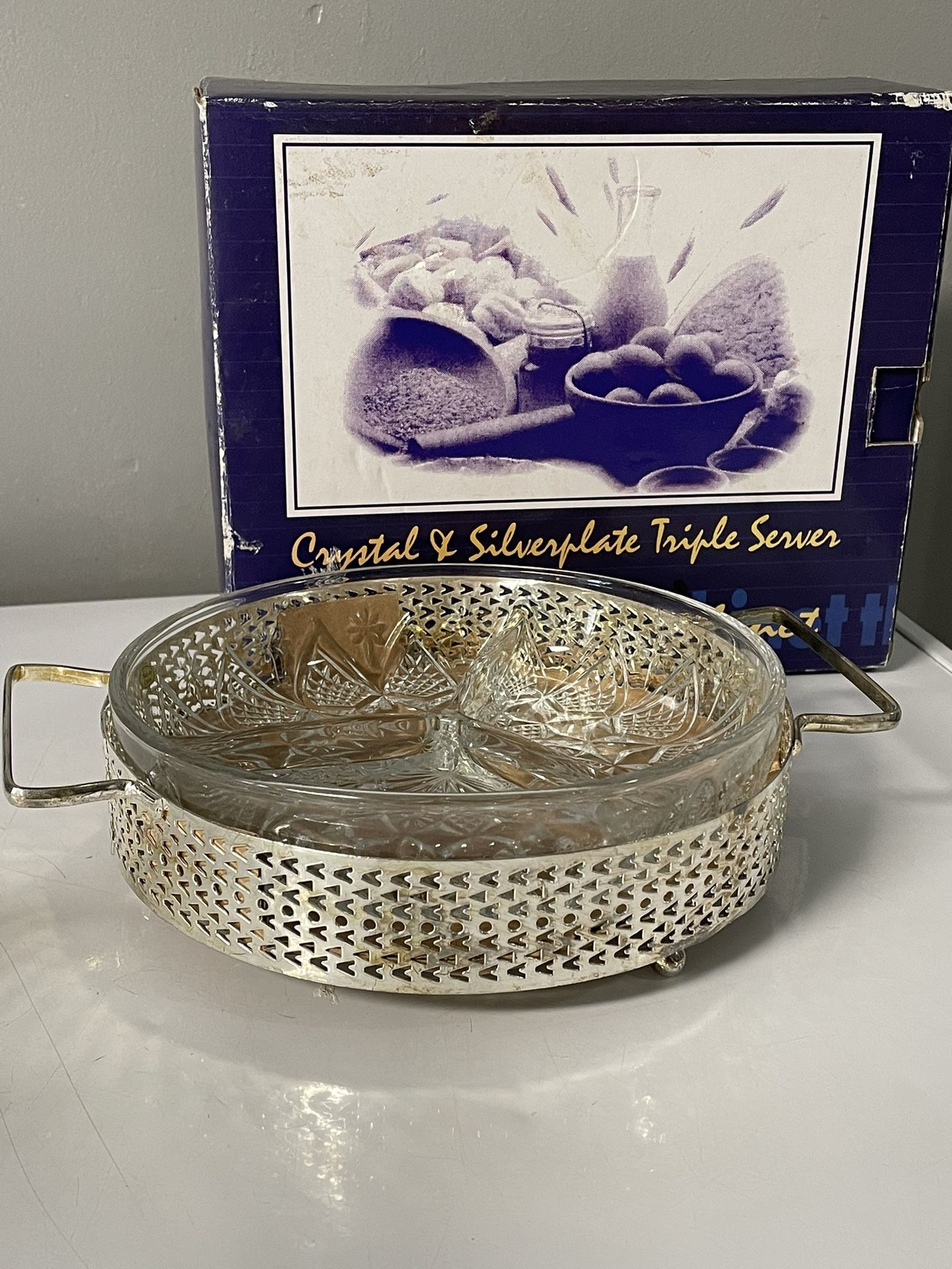 Vintage Crystal And Silver Plate Triple Server Dish