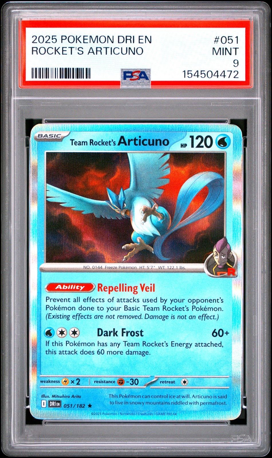2025 POKEMON DRI EN-DESTINED RIVALS #051 TEAM ROCKET'S ARTICUNO PSA 9