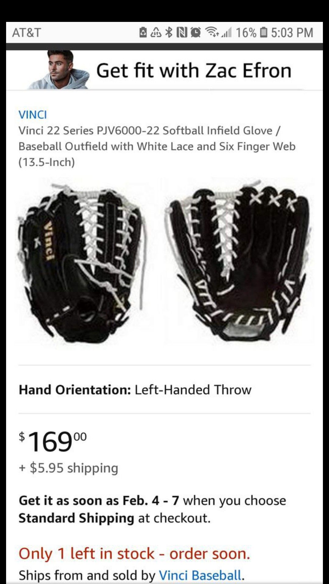 Vinci fielder's softball glove, 13.5"