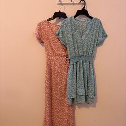 Two Floaty Floral Dresses by Sienna Sky – Pink Long Dress & Light Green/Blue Short Dress, Both Dresses Are Size XS