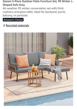 Gizoon 3-Piece PE Wicker L-Shaped Patio Set Grey