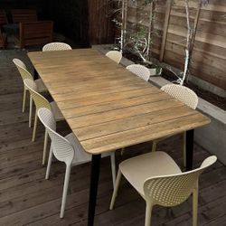 Large outdoor Patio dining set: Article Latta Beach Sand Dining Table and Dot Sun Chairs (8)