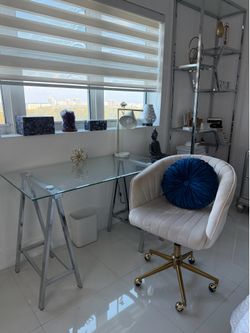 Modern Glass Desk Set with White Office Chair, Lamp, Cushion & Decorative Accessories