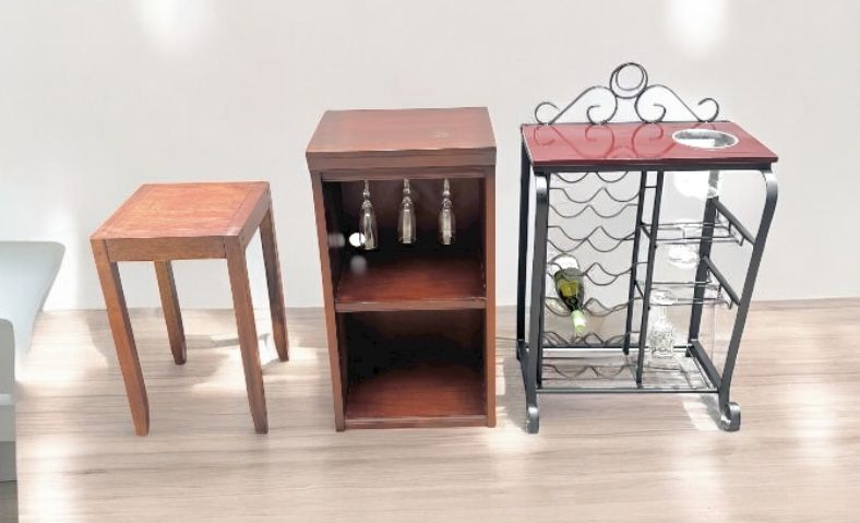 3 pc : mahogany metal bar cart & wine rack $40, 2 layer wood liquid modular bar tower $30, console table stand $15