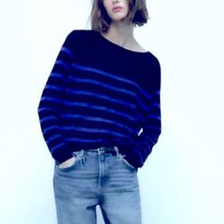 Zara Black and Blue Nautical Crew Neck Sweater lightweight Great for spring 