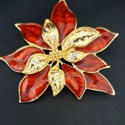 Vintage Red Enamel Poinsettia Brooch With Rhinestones
