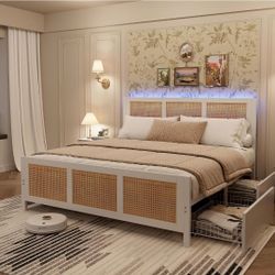 Rattan Full Bed Frame with LED Headboard (7 Colors), Boho Cane Platform Bed with 4 Large Drawers, Strong Metal Slats Support, Noise Free, No Box Sprin