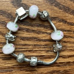 Pandora, Silver Bracelet In Pink With Heart Volleyball, And More Charms