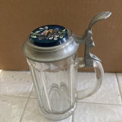 Vintage hand painted pewter and glass beer stein circa 1900s