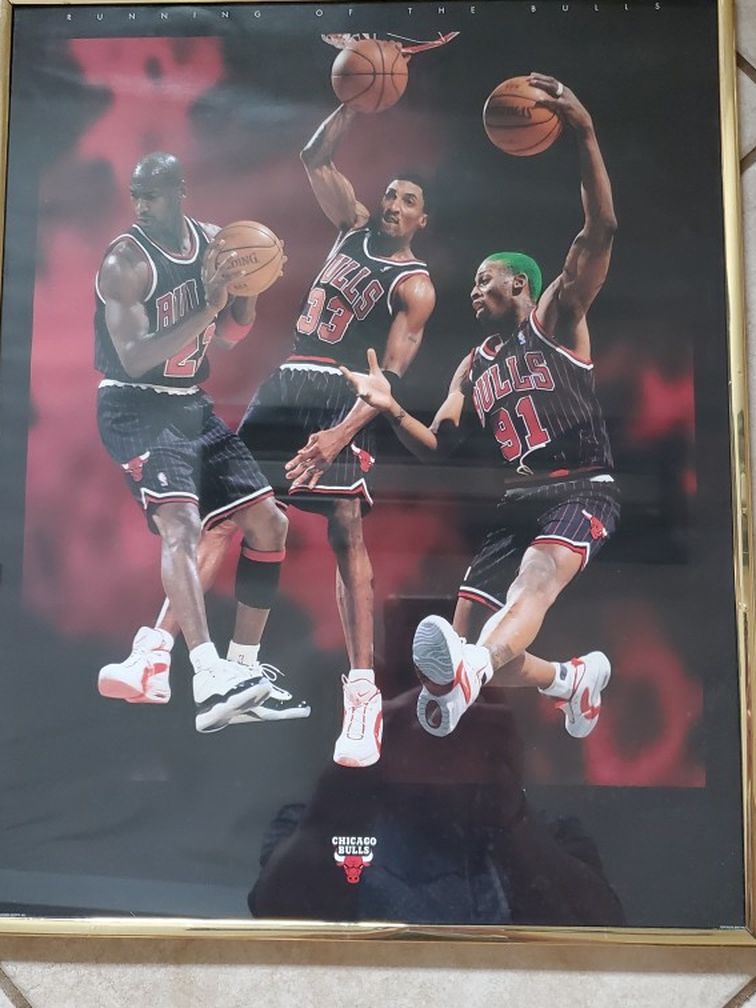 Vintage 1996 Running With The Bulls Poster Jordan Pippen And