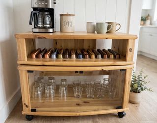 Cute solid pine corner TV stand! Perfect for small space, bedroom, or apartment. So versatile! Use as TV stand, coffee bar, plant stand, entryway sto