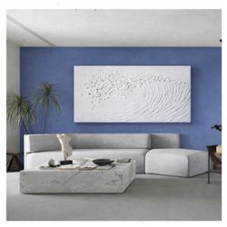 Large White Ocean Waves Painting 58x29 Large Textured Wall Art Hand Painted Canvas