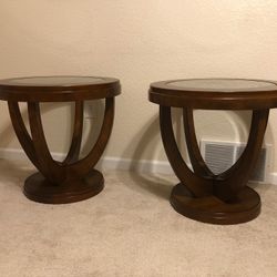 Solid Dark Wood Glass Top Living Room End Tables  