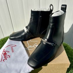 CHRISTIAN LOUBOUTIN MJ ANKLE BOOTS LOGO CHAIN SIDE ZIP BLACK CALF LEATHER SZ 37